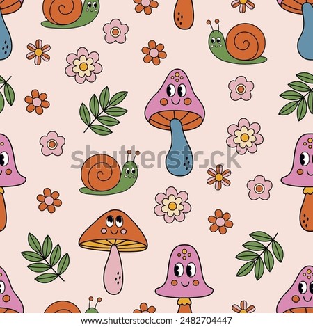 seamless pattern with  cute cartoon mushrooms, snail, flowers