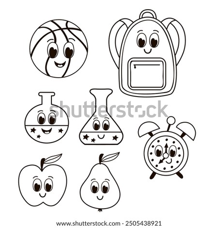 set of isolated cute  black ball, backpack, alarm clock, fruit, flask