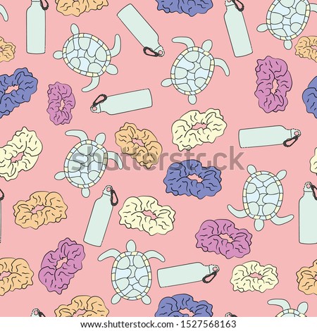 And I Oop Meme Seamless Pattern background with sea turtles, scrunchies and water bottles. Trendy and hip pastel rainbow aesthetic for vsco girls
