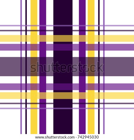 Seamless repeating plaid checkered background pattern in purple, yellow gold and black over a white background