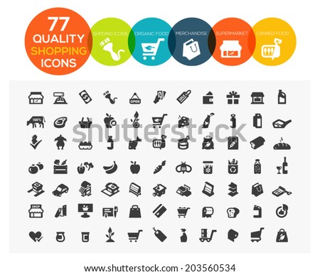 set of 77 high quality supermarket, shopping and online shopping icons including organic food, merchandise, meat, drink and more