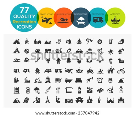 High Quality Recreation Icons including: travel, beach, sports, hotel and camping