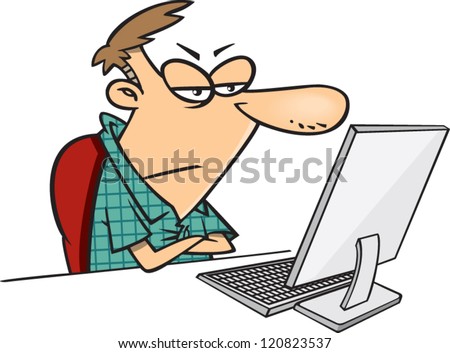 annoyed cartoon man sitting at his computer pouting