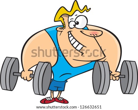 Vector Illustration Of Big Hunky Muscle Man Holding Large Dumbbell ...