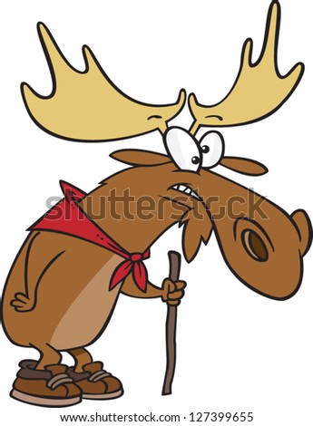 A vector illustration of cartoon moose with a hiking stick