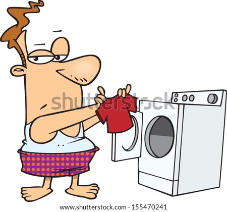 Cartoon man standing in front of the dryer in his underwear with a shrunken shirt