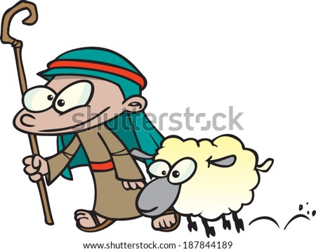 cartoon shepherd boy and a sheep - stock vector