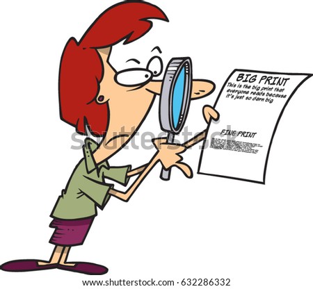 cartoon woman examining the fine print on a contract