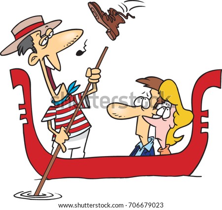cartoon couple taking a ride in a gondola with a gondolier singing very badly who is about to get a boot in the head