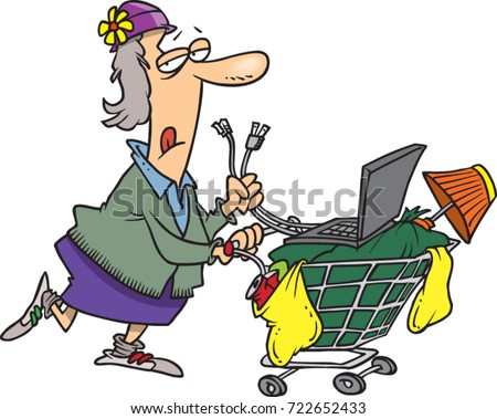cartoon homeless woman pushing a shopping cart and holding laptop cords