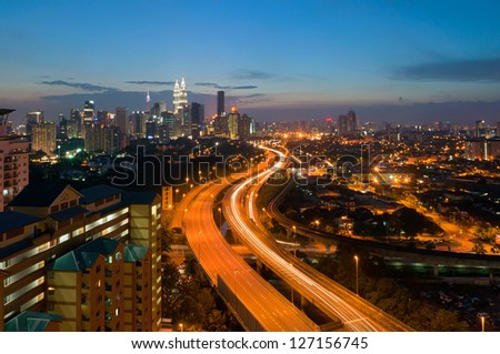 Scenery of twilight and busy elevated highway in Kuala Lumpur, Malaysia