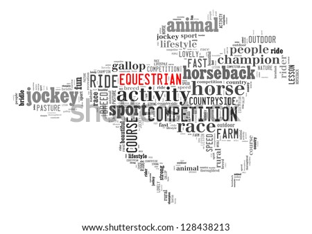 Equestrian info-text graphic and arrangement concept on white background (word cloud)