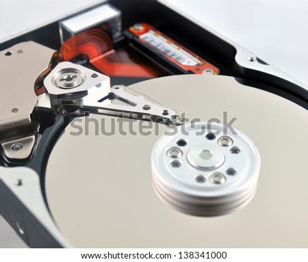 Close-up of internal components of a harddisk drive (HDD)