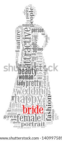 Bride info-text graphic and arrangement concept on white background (word cloud)