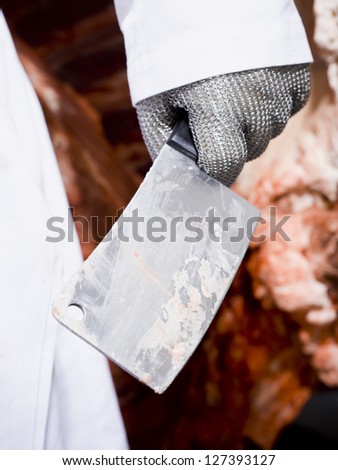Close-up of butcher\'s hand holding butcher knife