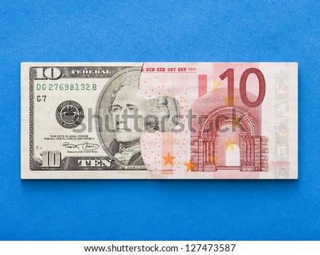 Puzzle pieces of ten dollar bill and ten euro banknote
