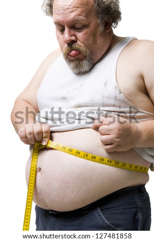 Obese Man Measuring Waist With Tape Measure In Torn A-Shirt Stock Photo ...