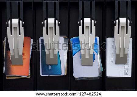 Cash register with credit cards and bank cards