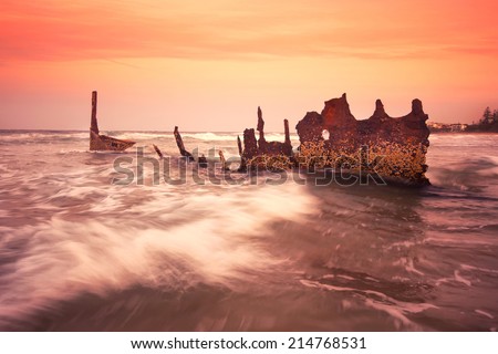 Shipwreck at Dicky Beach. Afternoon sunset in the Sunshine Coast, QLD, Australia.