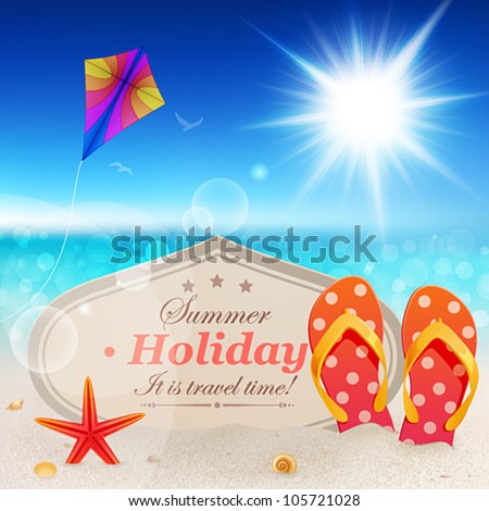 Beautiful Seaside View With Vintage Card, Sand And Flip-Flops. Stock ...