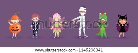 Kids in halloween costumes. Funny and cute carnival kids set. Vector illustration.