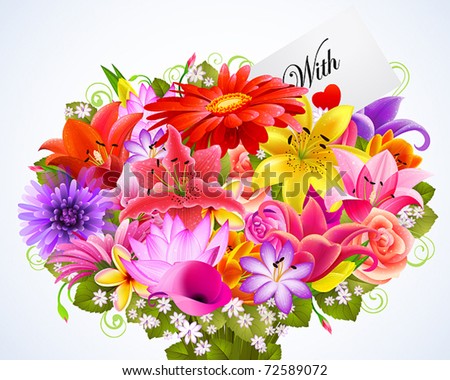 bouquet of tender flowers with greeting card