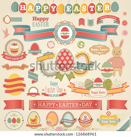Easter scrapbook set – labels, ribbons and other elements. Vector illustration.