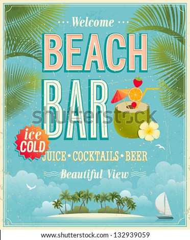 Vintage Beach Bar poster. Vector background.