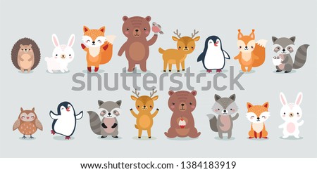woodland characters -  bear, fox, raccoon, hedgehog, penguin, deer, rabbit, owl and squirrel. Cute forest animals. Vector illustration.