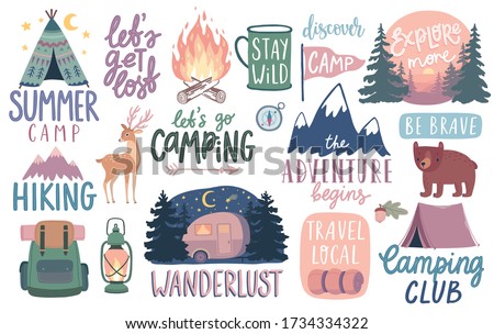 Camping, Hiking, Adventure letterings. Wild animals, fireplace, mountains, tents and other elements. Flat Vector illustration.