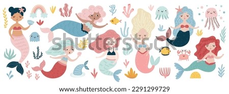 Cute mermaid set with fish, seaweed, marina elements for your design, childish hand drawn sea elements. Vector illustration.