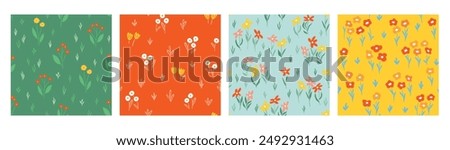 Floral seamless pattern set, trendy graphic digital papers with botanical elements, flowers, leaves for your design. Hand drawn collection. Vector illustration.