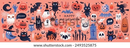 Halloween graphic elements - pumpkins, ghosts, zombie, owl, cat, candy and others. Hand drawn set. Vector illustration.