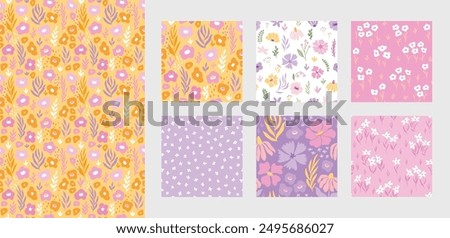 Floral seamless pattern set, trendy graphic digital papers with botanical elements, flowers, leaves for your design. Hand drawn collection. Vector illustration.
