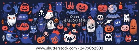 Halloween graphic elements - pumpkins, ghosts, zombie, owl, cat, candy and others. Hand drawn set. Vector illustration.