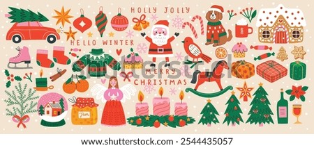 Christmas set of graphic elements, hand drawn style - cute objects, Santa Claus, Christmas tree, gift boxes, baubles and other elements. Vector illustration.