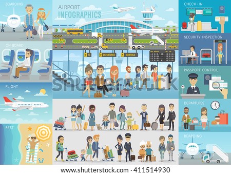 Airport Infographic set with charts and other elements. Vector illustration.