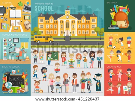 School theme set. Back to school, workplace, school kids and other elements. Vector illustration.