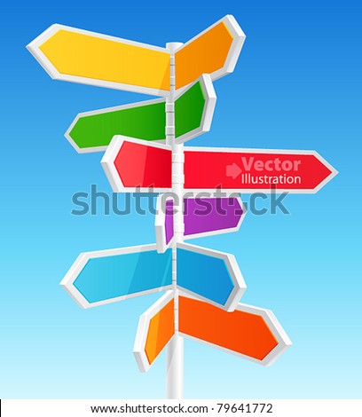 Direction road signs — arrows on blue sky. Vector illustration.