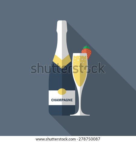 Champagne bottle with glass and strawberry, flat design modern vector illustration.