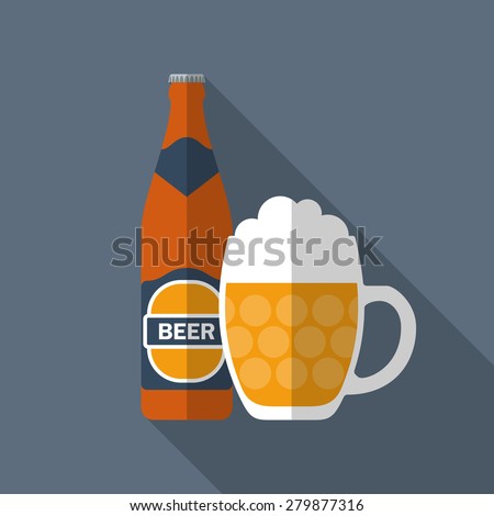 Bottle of beer with glass, mug, flat design modern vector illustration.