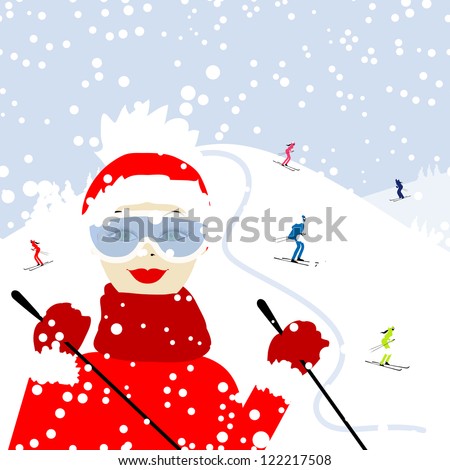Girl skiing, winter mountain landscape