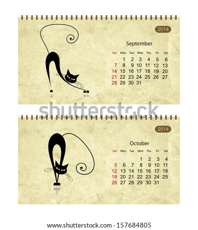 Calendar 2014 with black cats on grunge paper. November and december