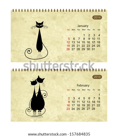 Calendar 2014 with black cats on grunge paper. January and february