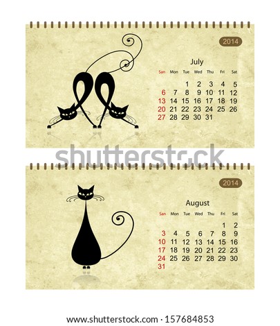 Calendar 2014 with black cats on grunge paper. July and august