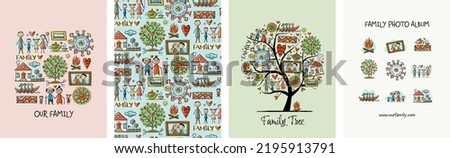 Family concept art collection. Frame, background, tree, icons. Set for your design project - cards, banners, poster, web, print, social media, promotional materials. Vector illustration