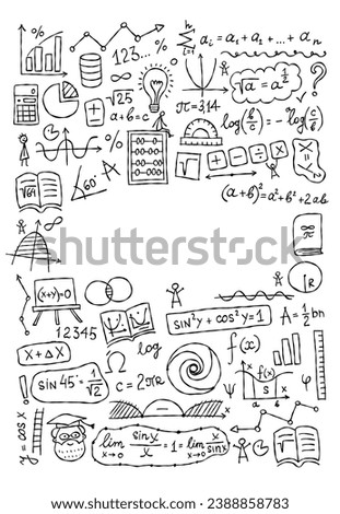 Hand drawn math science formulas on chalkboard background. Vertical frame with place for your text