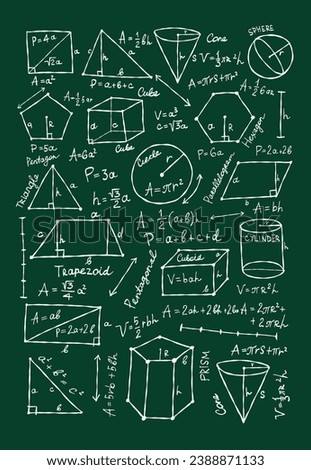 Mathematics and geometry, figures and formulas on dark green background. Vertical card on white background. For school, university and training. Symbols, cheat sheet, mathematics. Hand drawn sketch