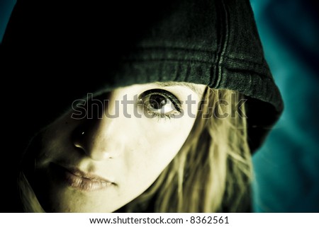 Dark eyes woman in studio shooting, soft focused.