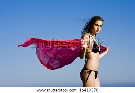 Beautiful bikini dressed woman feeling the freedom of the wind